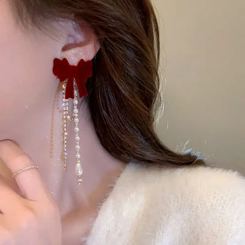 New Wine Red Velvet Rose Pearl Earrings for Women Vintage Red Rose Elegant High-end Studs Earrings Jewelry Accessories Gifts