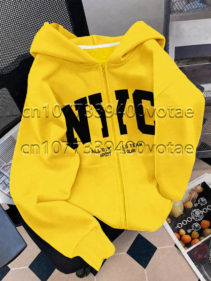 Fashion Letter Zip Up Hoodies Women Autumn Long Sleeve Tops Loose Hood Shirt Harajuku Y2K Clothes Female Sweatshirt Jacket