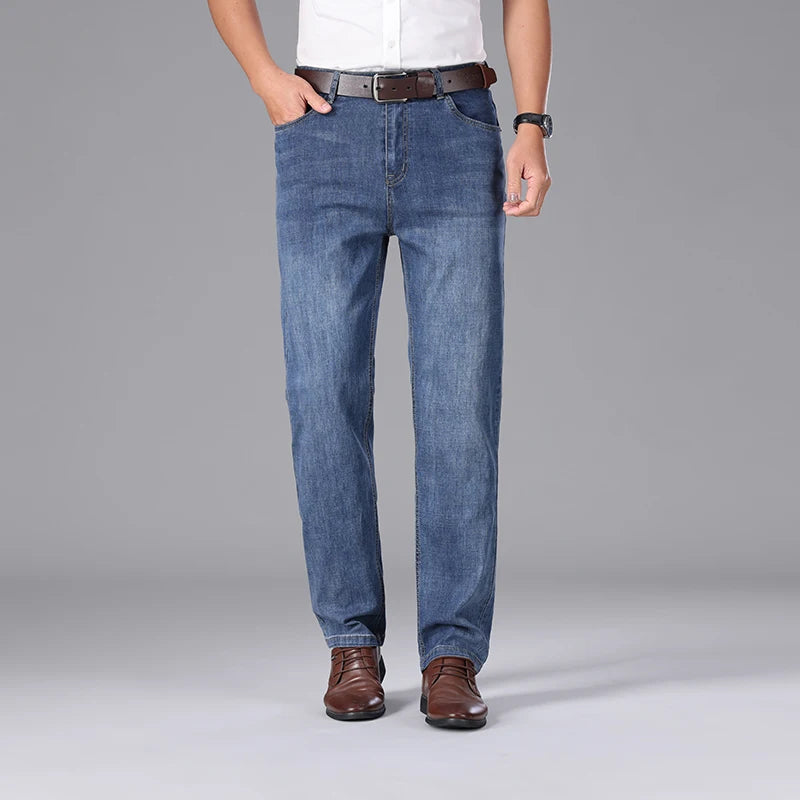 2026 Summer Brand Clothing Men's Straight Loose Lightweight Jeans Classic Badge Business Casual Thin Cotton Stretch Pants
