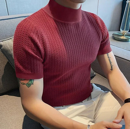 Men's High Neck T-Shirt – Casual Summer Knitted Base Tee | Breathable Polyester Top