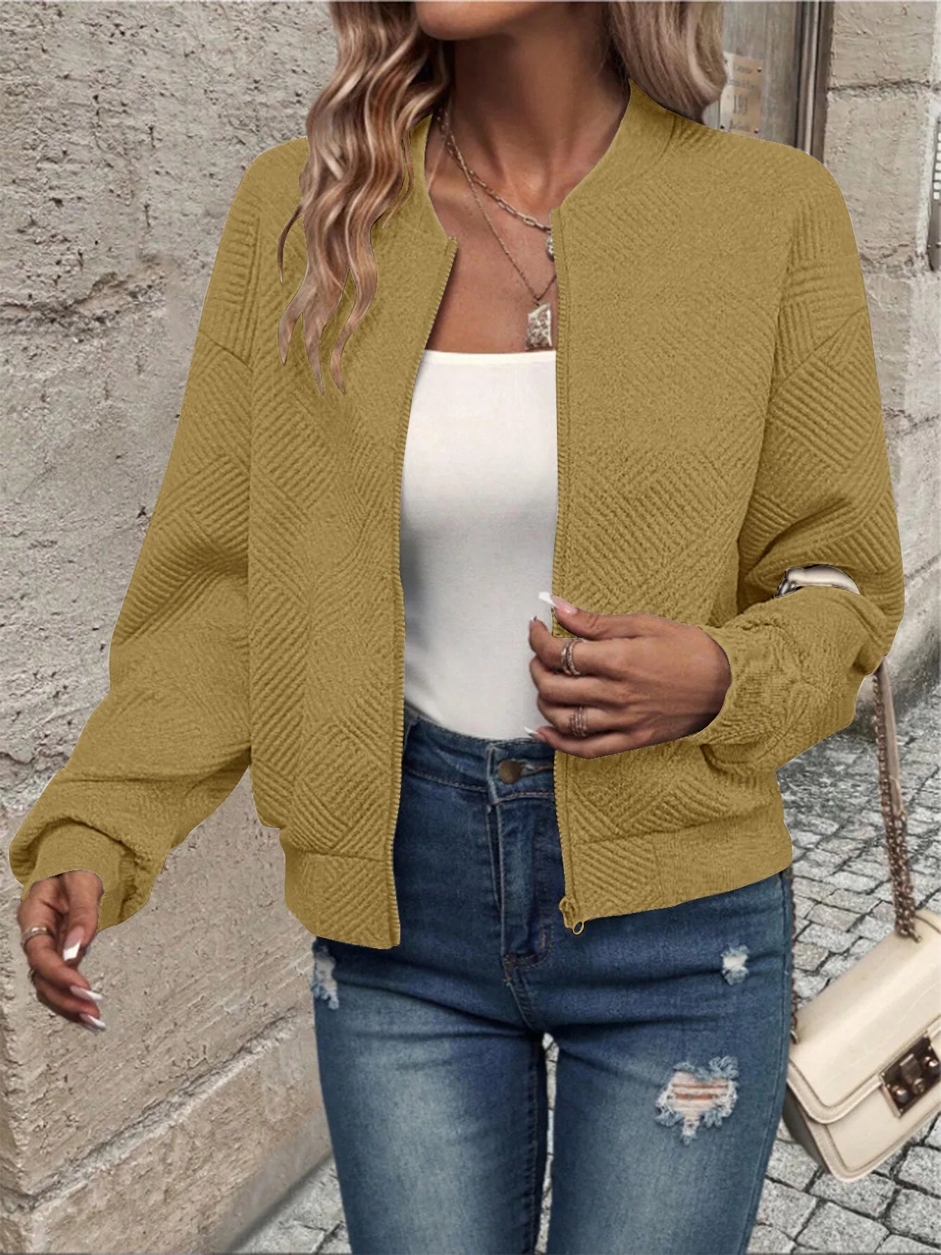 Women's Casual Zipper Jacket - Polyester Spandex Knit Fabric Spring Autumn Coat