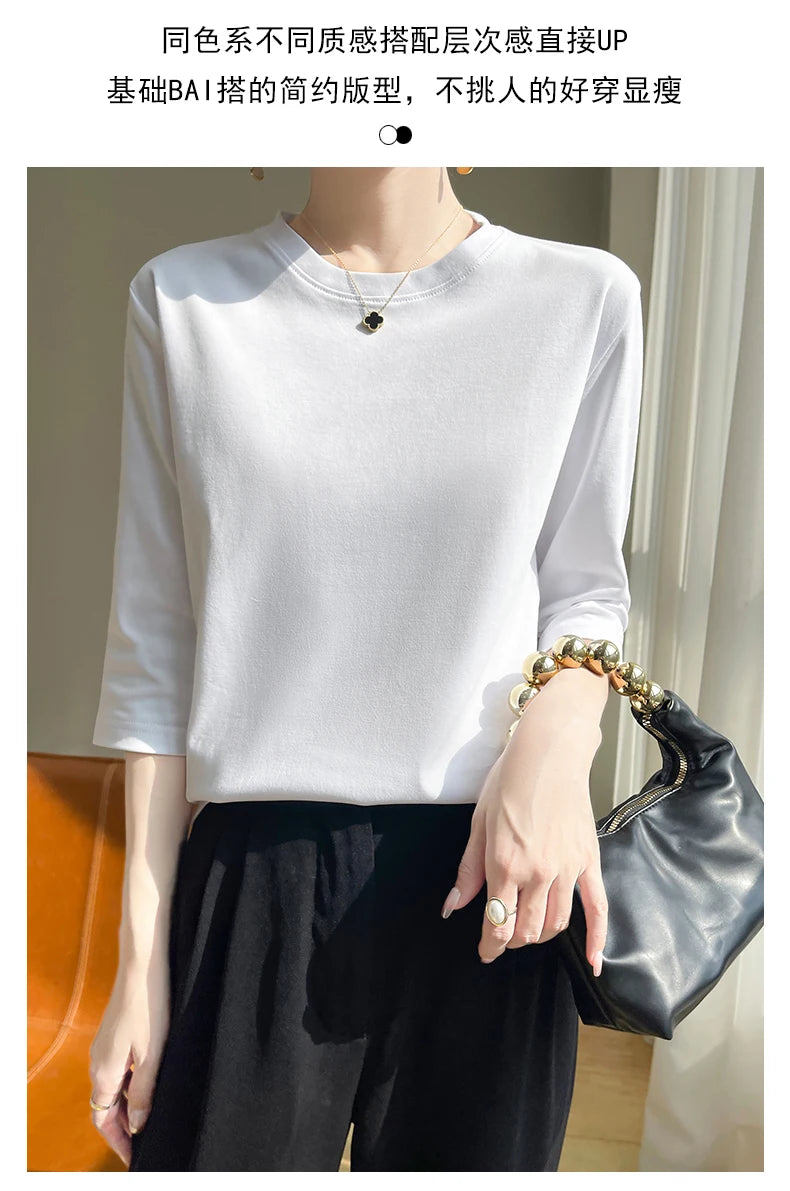 Summer Cotton Short-Sleeved T-Shirt Women's Round Neck Seven-Point Sleeves Loose Mercerized Cotton Half-Sleeve Shirt New T-shirt