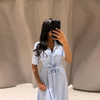 Women Summer Dress - Casual Striped Long Half Sleeve Slim Waist Mid-Calf Robe