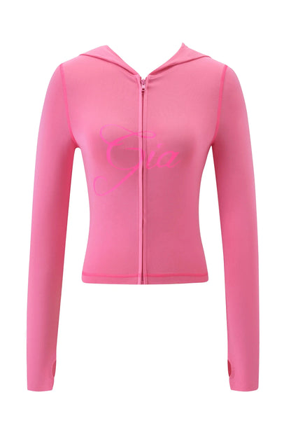 Gia neon pink regular shoulder slim-fit letter print topstitching design slim-fit hooded zip-up short jacket and pants set
