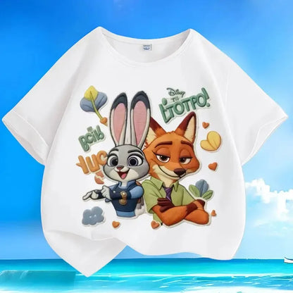 New loose pure cotton t-shirt with Disney Zootopia print, versatile, casual, summer, short-sleeved, with round neck,for children