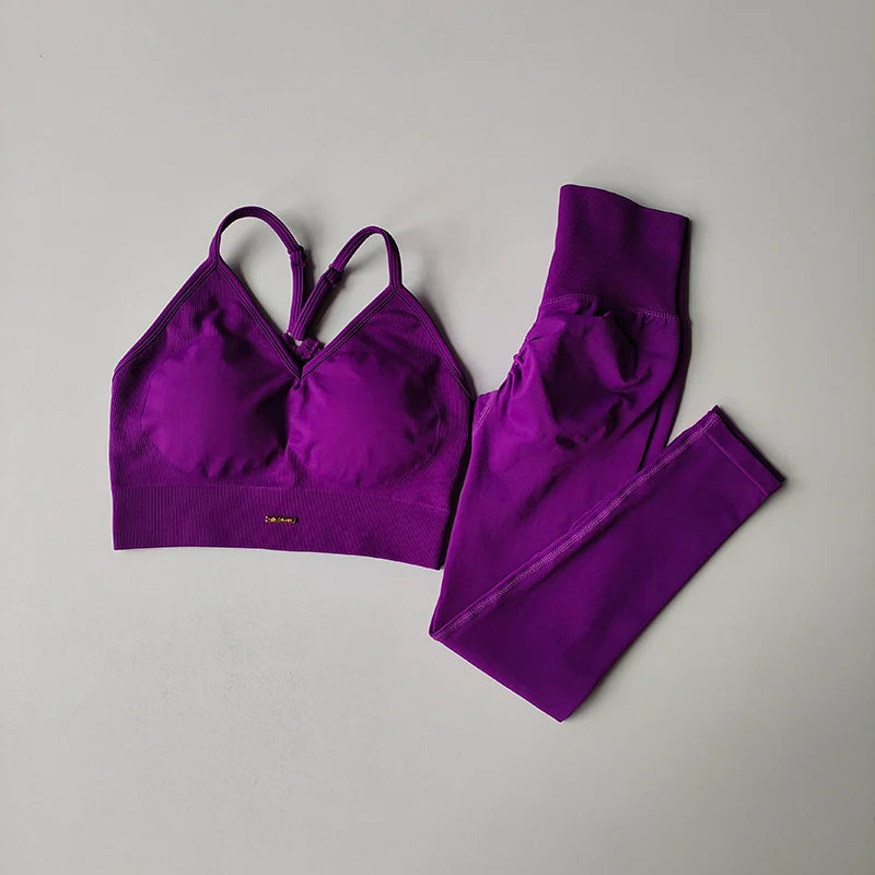 Seamless Hip Lifting Yoga Set - Womens V-neck Bra  Quick-Dry Leggings - ZOOMNSTORE