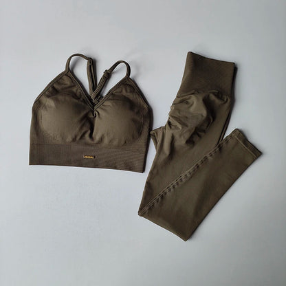 Seamless Hip Lifting Yoga Set - Womens V-neck Bra  Quick-Dry Leggings - ZOOMNSTORE