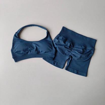 Seamless Yoga Suit - Women's Gym Clothes Halter Sports Bra & Impact Shorts Set - ZOOMNSTORE