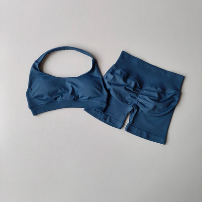 Seamless Yoga Suit - Women's Gym Clothes Halter Sports Bra & Impact Shorts Set - ZOOMNSTORE