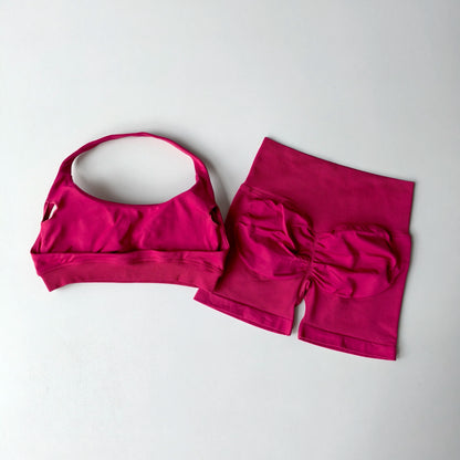 Seamless Yoga Suit - Women's Gym Clothes Halter Sports Bra & Impact Shorts Set - ZOOMNSTORE