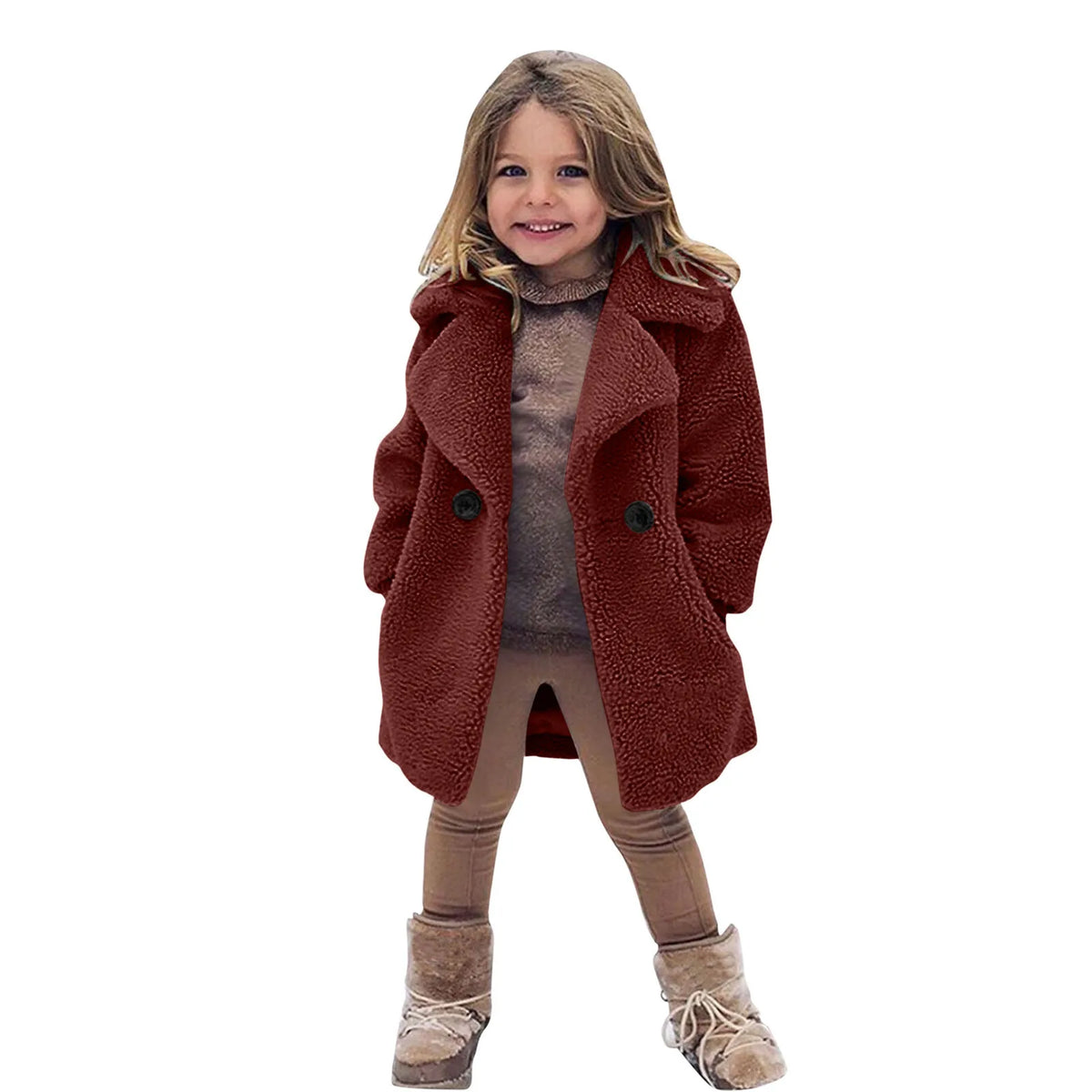 Lamb Fleece Girls Jacket Autumn Winter New Girls Long Style Solid Color Thick Warm Lapel Windbreaker For 2-6Y Girls Overcoat