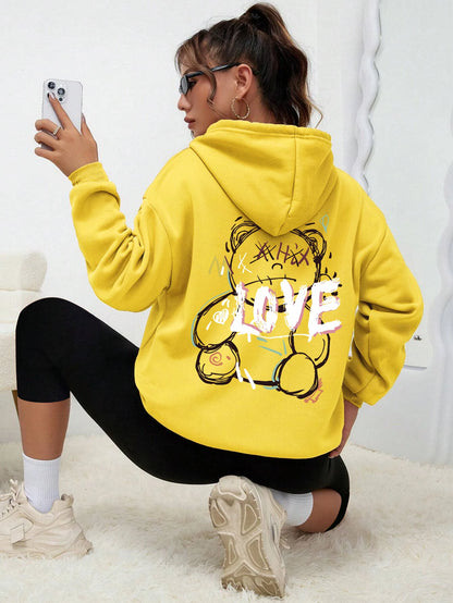 Graffiti Line Bear Simple Print Female Hoody Harajuku S-3xl Sweatshirt Fashion Casual Street Hooded Autumn Warm Streetwear Women