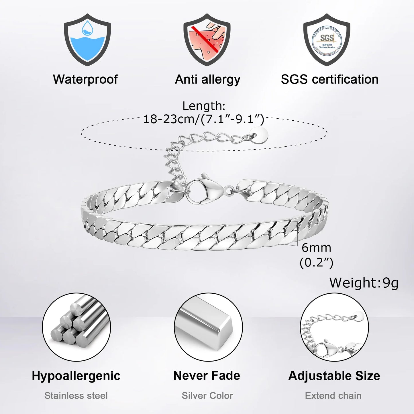 Punk Silver Color Men's Chain Bracelets,Hiphop Stainless Steel Braided Link Wristband,Classic Metal Jewelry Gift for Him Dad