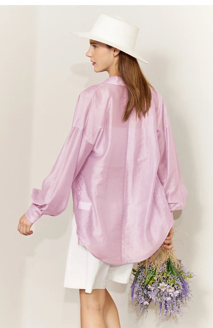 AMII Minimalist Blouse for Women 2023 Autumn Lantern Sleeve V-Neck Slightly Transparent Elegant Commuter Clothing Tops 72341030