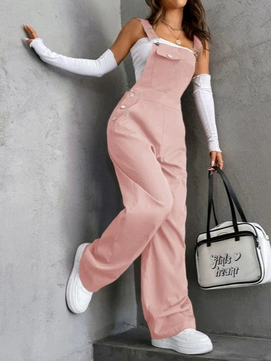 Retro Pocket Solid Color Straight Leg Utility Overalls Loose Fashion Casual Pants