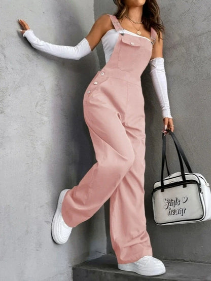Retro Pocket Solid Color Straight Leg Utility Overalls Loose Fashion Casual Pants