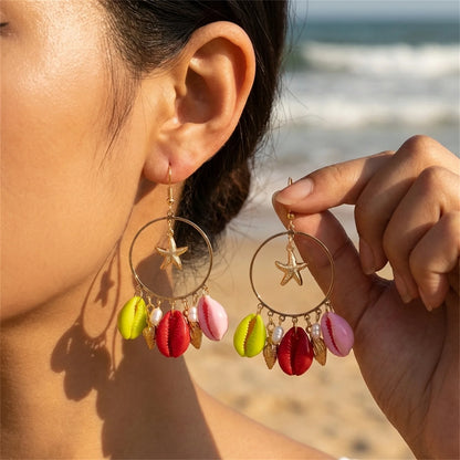 Boho Stone Hoop Earrings – Starfish & Shell Dangle (Y2K Beach)
