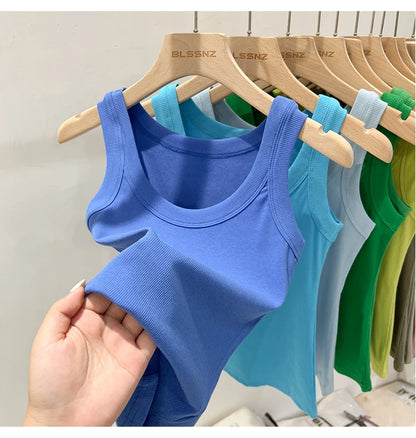 Women Solid Round Neck Ribbed Tank Top Camisole Women 2026 Summer Basic Elastic Tank Top O Neck Solid Tank Top