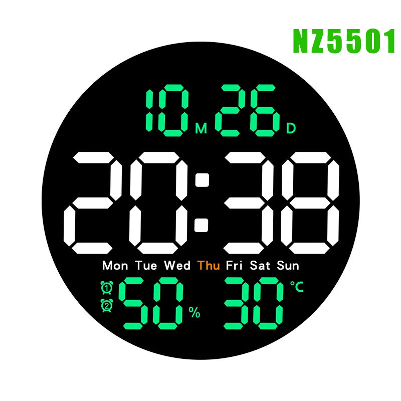 LED Wall Clock with Remote Control - Dual Alarms Calendar  Temperature Display Adjustable Brightness for Home Decor