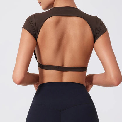Women Crop Top - Backless Sports Crop Tee With High Compressive Waistband