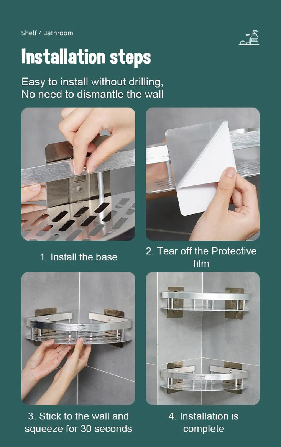 Wall-Mounted Bathroom Corner Shelf - Non-Perforated Shower Storage Organizer