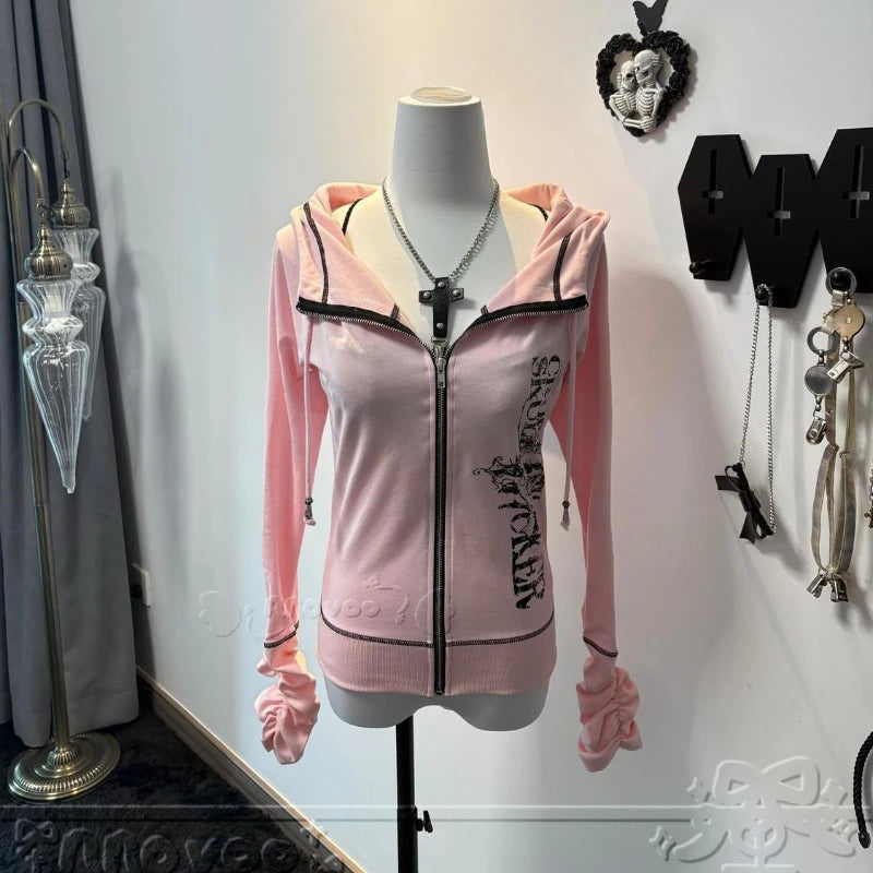 Harajuku Y2k Gothic Hooded Coat Women 2025 Autumn New Casual All-match Jackets Subcultural Japanese Black Tops Mujer Sweatshirt