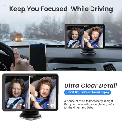 1080P dual lens car baby monitor, 3 installation methods, rear seat visible, adjustable lens, 5-inch IPS screen
