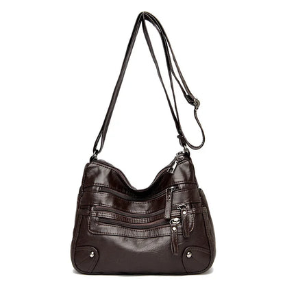 Soft Leather Shoulder Bag - Women's Crossbody Double Layered Large Capacity Tote