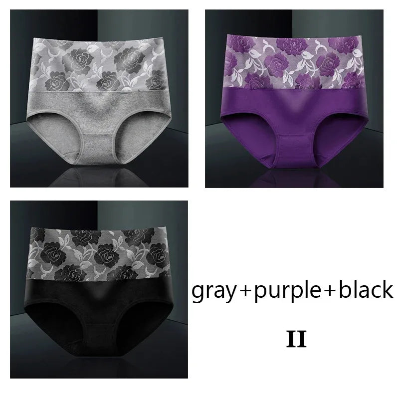 Plus Size L-5XL Women's Briefs Underwear Cotton High Waist Tummy Control Panties Rose Jacquard Ladies Panty Multipack