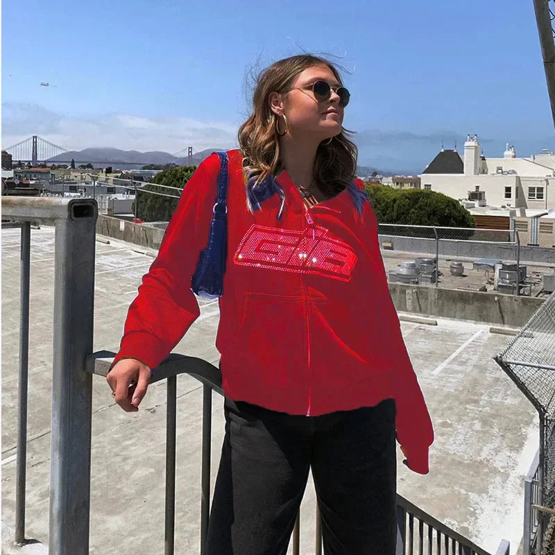 New Rhinestone Letter Print Women Long Sleeve Sweatshirt Hoodies Zipper Loose Oversized Streetwear Casual 2024 Autumn Fall