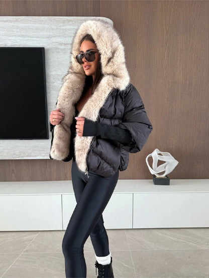 Women's Hooded Jacket - Quilted Cotton Winter Coat With Faux Fur Collar & Knitted Cuffs