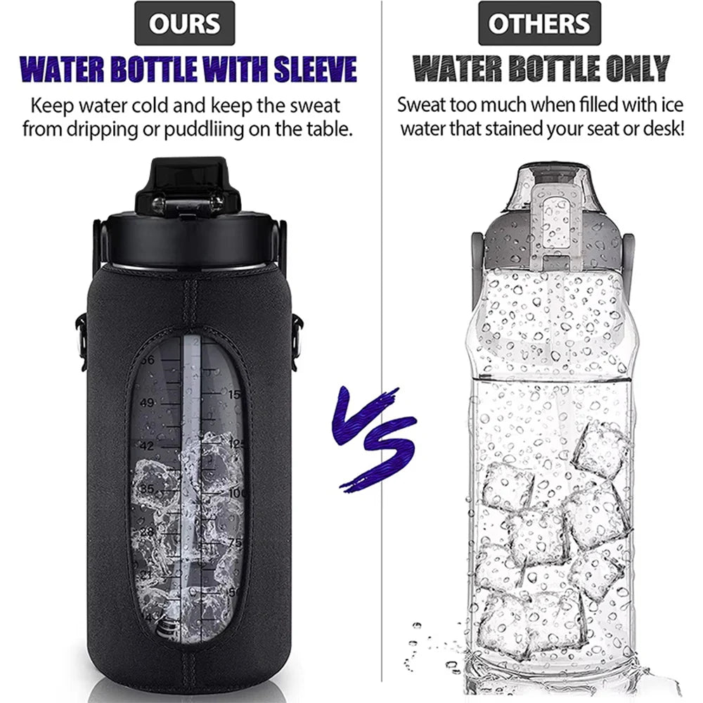 2L 64OZ Half Gallon Water Bottle with Sleeve Motivational Water Bottle with Straw & Time Marker Leakproof Sport Water Jug