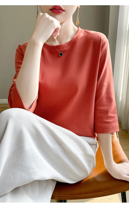 Summer Cotton Short-Sleeved T-Shirt Women's Round Neck Seven-Point Sleeves Loose Mercerized Cotton Half-Sleeve Shirt New T-shirt