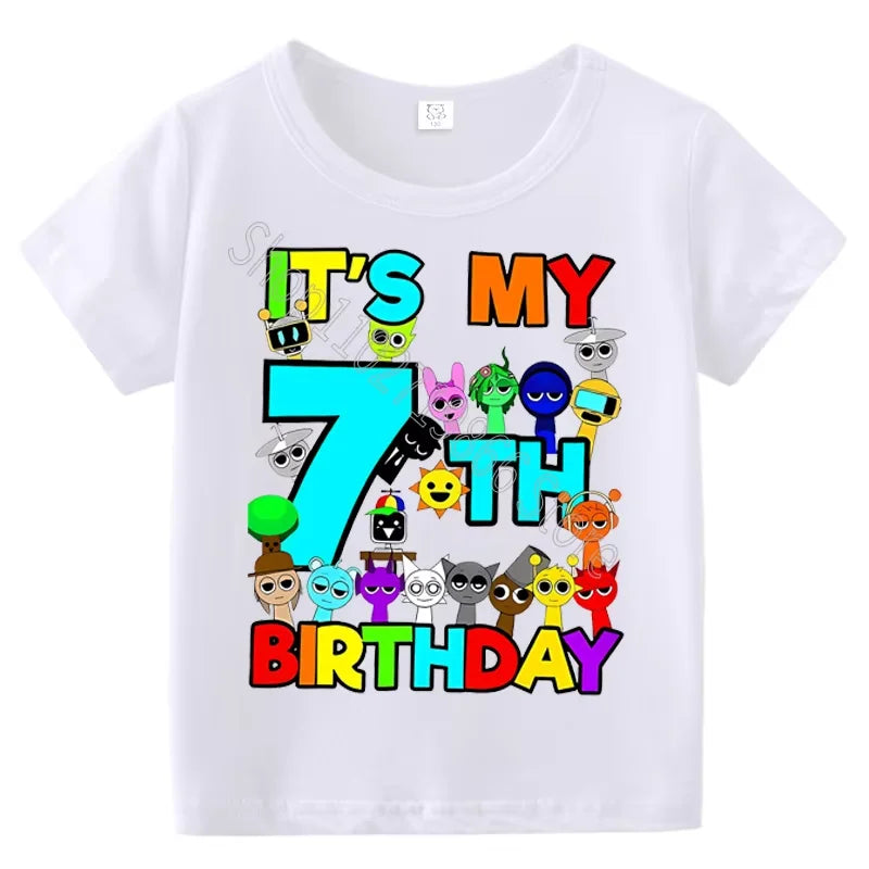 Kids Birthday Cute Cartoon Characters Graphic T-Shirt, Soft Cotton Crew Neck Tee, Casual Party Wear for Boys & Girlsdf0019