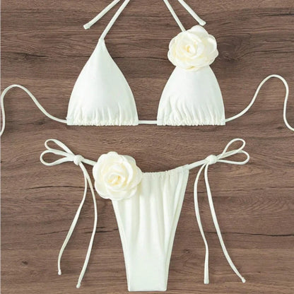 3D Flower Halter Bikini Set - Sexy Womens Swimwear - ZOOMNSTORE