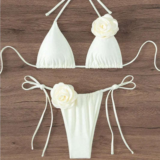 3D Flower Halter Bikini Set - Sexy Womens Swimwear - ZOOMNSTORE