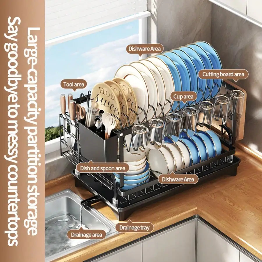 Kusuxva This Double-Layer Metal Kitchen Countertop Dish Rack Is Space-Saving And Durable. It Comes With A Knife And Fork Holder,