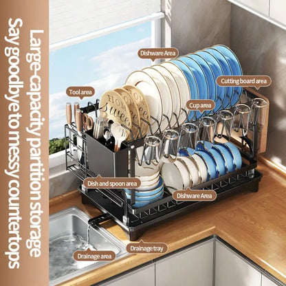 Kusuxva This Double-Layer Metal Kitchen Countertop Dish Rack Is Space-Saving And Durable. It Comes With A Knife And Fork Holder,