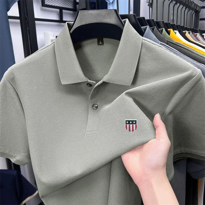 Men's Summer Luxury 100% Cotton Polo Shirt, Lapel Print Short Sleeve T-shirt, Breathable Business Casual Menswear