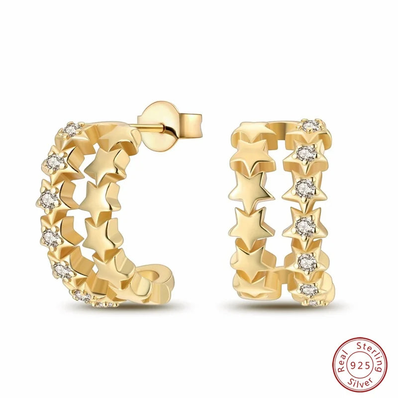 Silver Gold Pearl Earrings - 925 Sterling Silver Bee Star Moon Design Studs