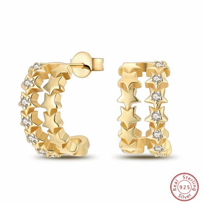 Silver Gold Pearl Earrings - 925 Sterling Silver Bee Star Moon Design Studs