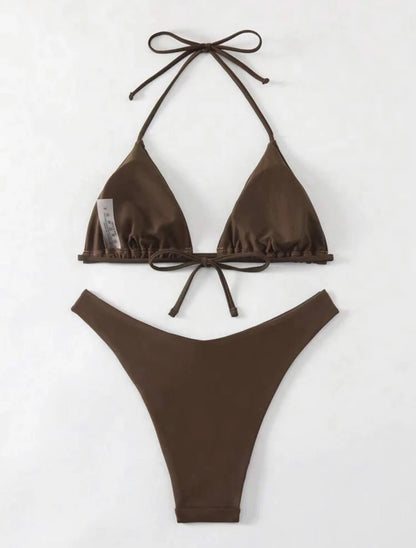 Womens Halter Thong Bikini - Sexy Lace-Up Brazilian Swimsuit in WhiteBlackCoffee - ZOOMNSTORE