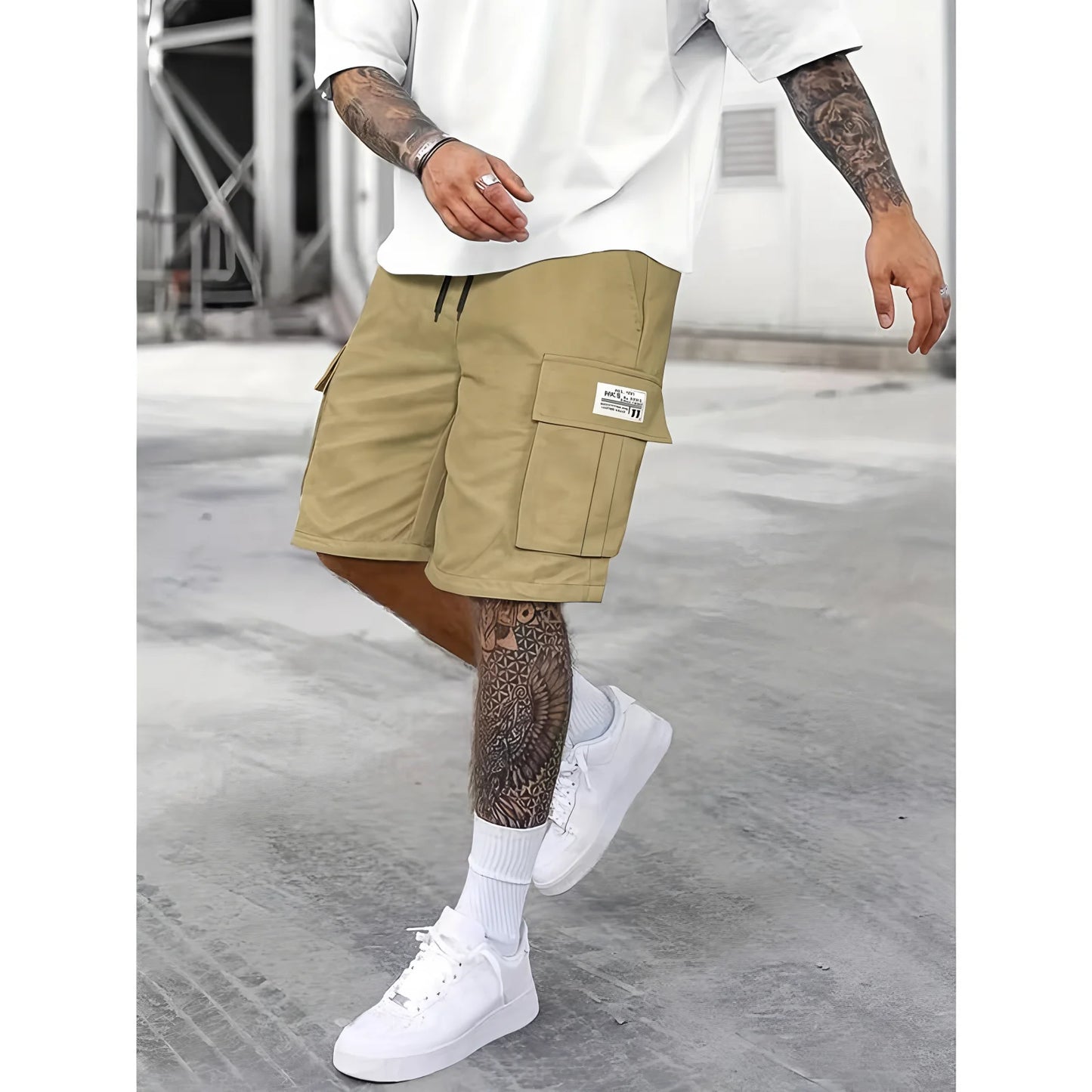 Men's Work Shorts - Multi-Pocket Cargo, Elastic Waistband, Breathable Polyester