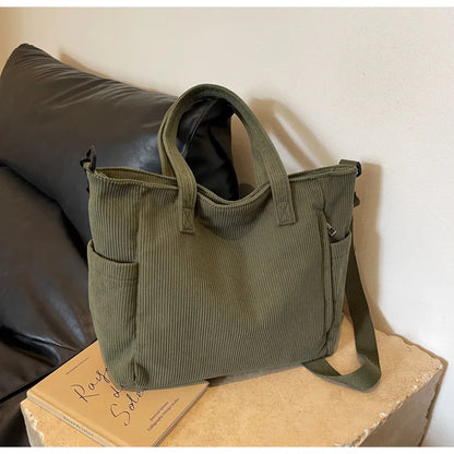 Corduroy Shoulder Bag - Large Capacity Crossbody Zipper Closure Purse