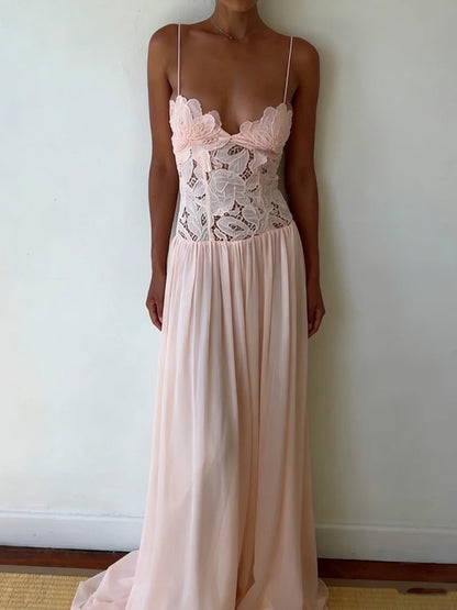 Spring Summer Holiday Chic Hollow Out Dress, Women Casual Lace Patchwork Sleeveless Party Dress, Elegant V Neck Ladies Dresses