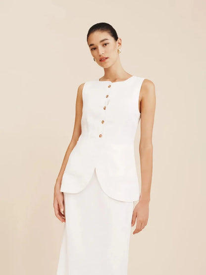 Bornladies Women's Sleeveless Vest High Waisted Skirt Set Spring Summer New Linen Casual Suit Fashion Office Lady Vest Set