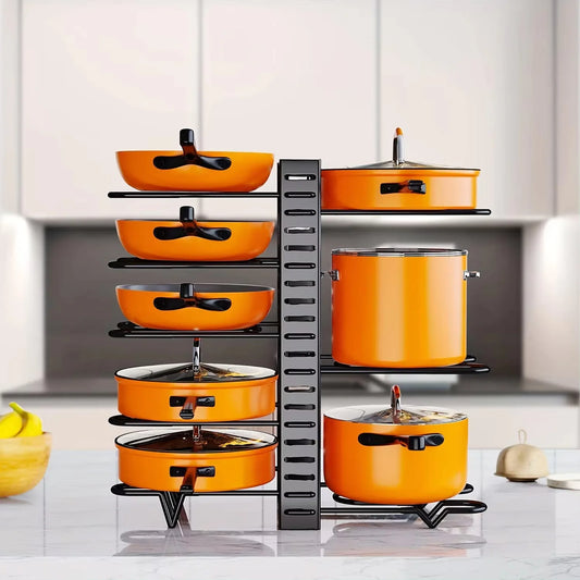 8-Tier Metal Pot Rack Organizer - Space-Saving Kitchen Storage for Pots Pans and Lids - ZOOMNSTORE