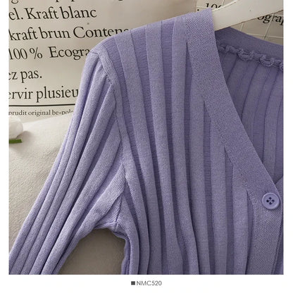 Women's Acrylic Long Sleeve V-Neck Button-Down Slim Cropped Ribbed Knit Cardigan Thin Solid Stretch Crop Top Knitwear