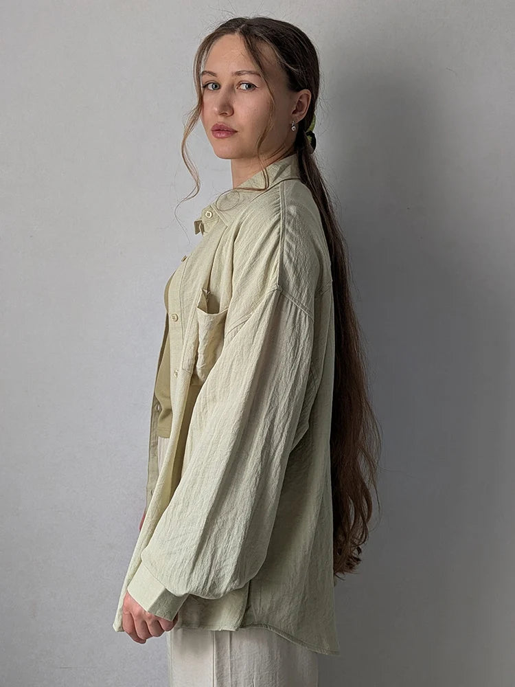 Summer Blue Linen Shirts For Women Oversized Long Sleeve Tops Green Shirt Woman Work Basic Linen Tops Women White Shirts Ladies
