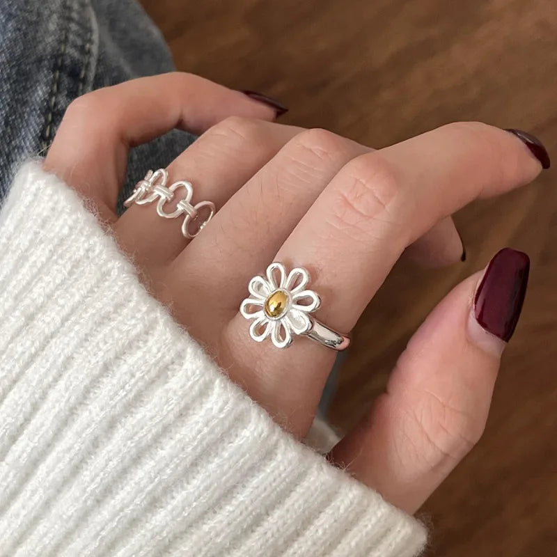 Sterling Silver Rings Adjustable Vintage Hip Hop Couples Silver Bands | Hollow Line Design